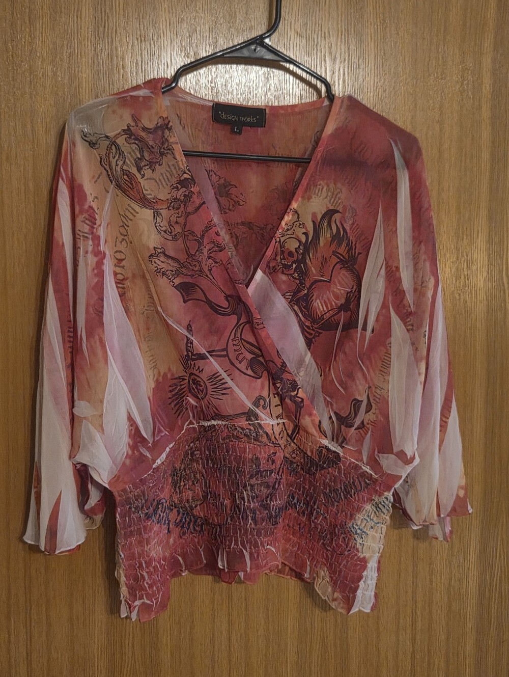 Design Works Pink & Cream Printed Wrap-Style Blouse